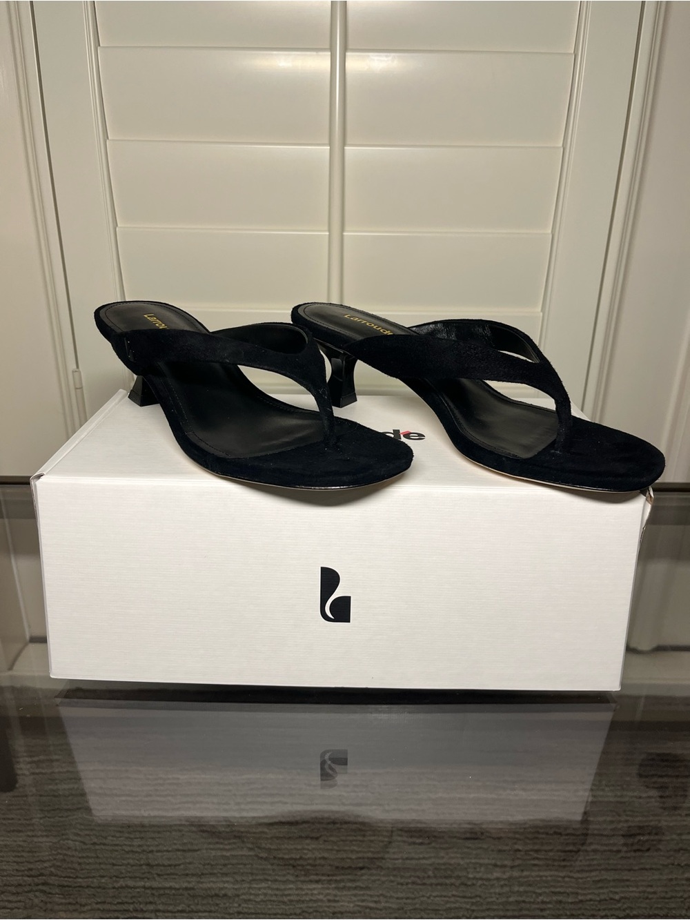 Larroude Gaia Low Suede Thong Heels